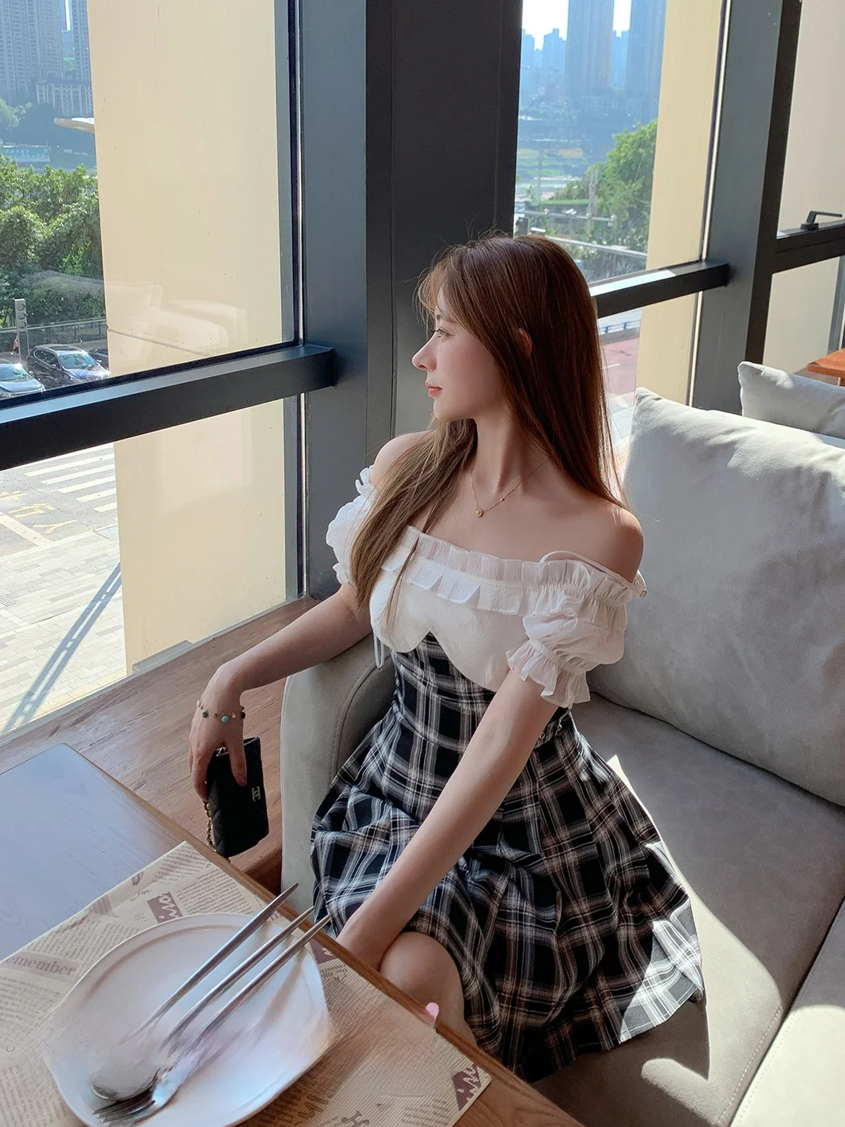 

Sweet Princess Style Checkered Wrap Waist One Shoulder Strap Dress Ice Ice Came High Waist Bubble Sleeve A-Line Dress for Women
