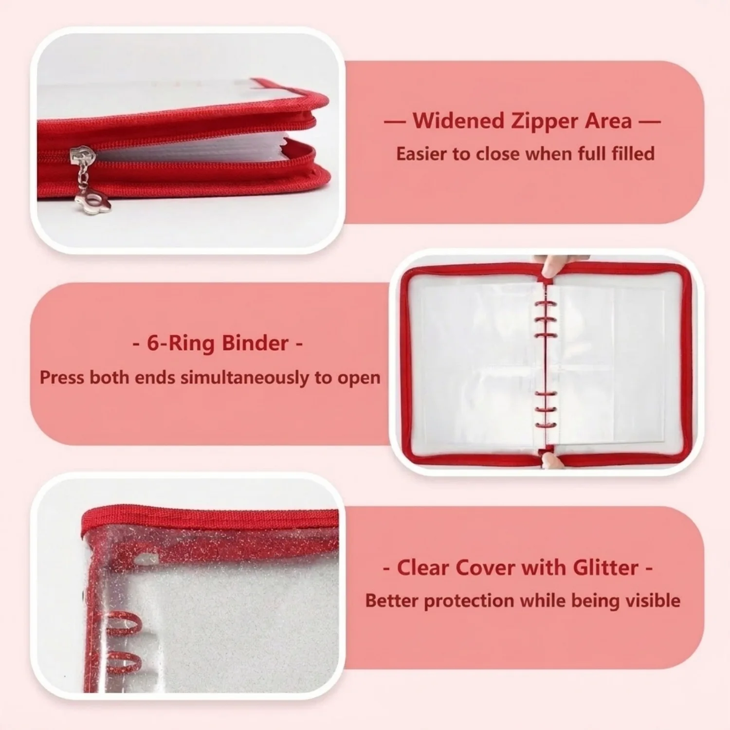 Sparkling Refillable 6 Ring A5 Notebook Clear Soft PVC Zipper Binders Collecting Book for Planner Journaling Sticker Collection