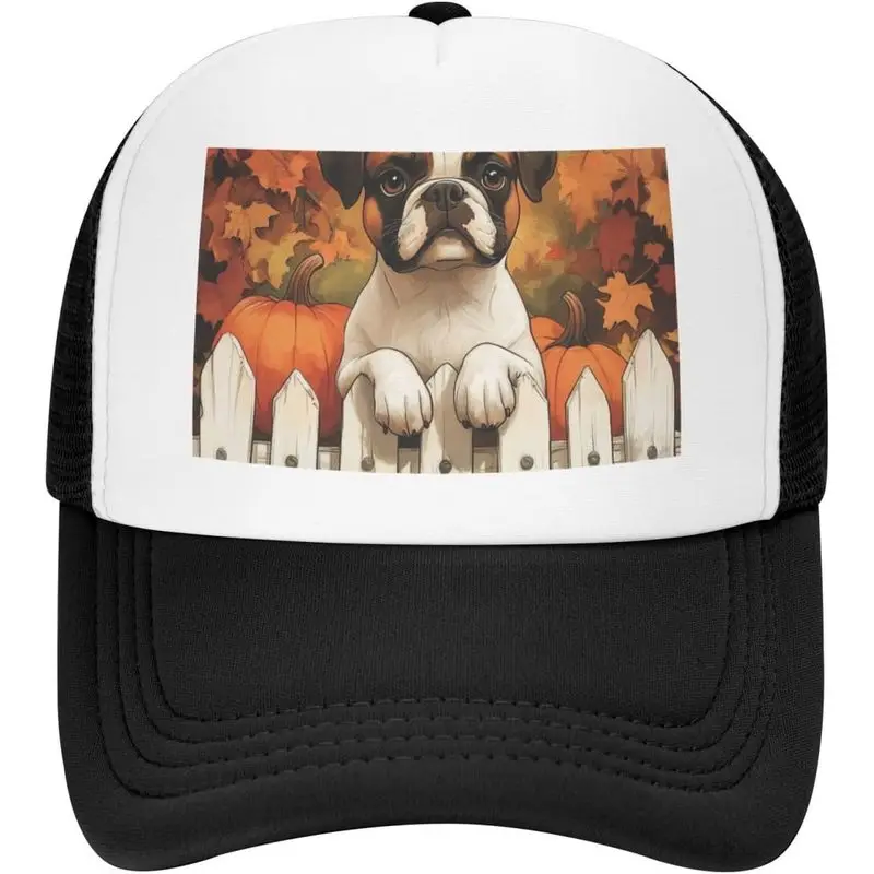 Welcome Boxer Dog Pumpkin Autumn Cute Puppy Breathable Mesh Baseball Cap Adjustable Lightweight Trucker Hat Black