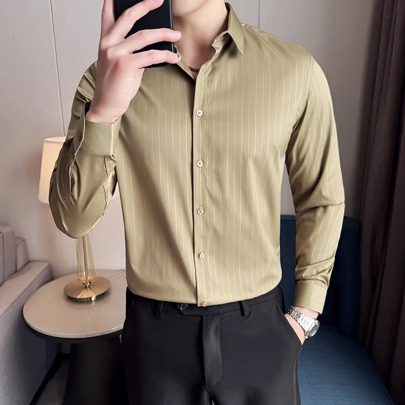 

Four Season Men's British Shirt Long Sleeved Slim Striped Shirt Social Business Formal Shirt Men's Clothing Size 4XL-M