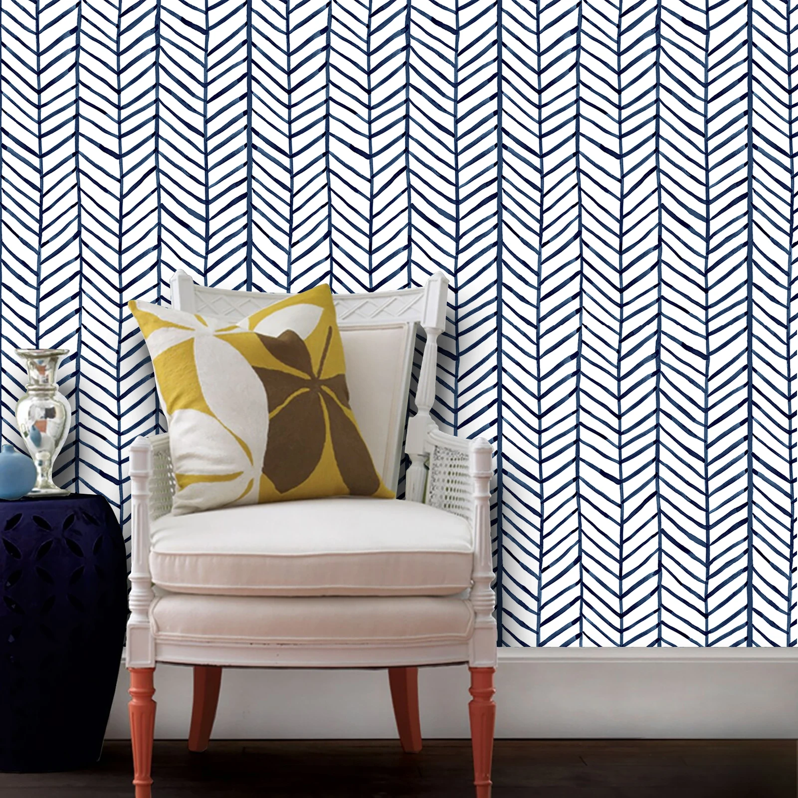 1 Stück moderne Streifen-Tapete zum Abziehen und Aufkleben, blau-weißes Fischgrätenmuster, selbstklebendes Vinyl-Kontaktpapier für Kinderzimmer, Heimdekoration