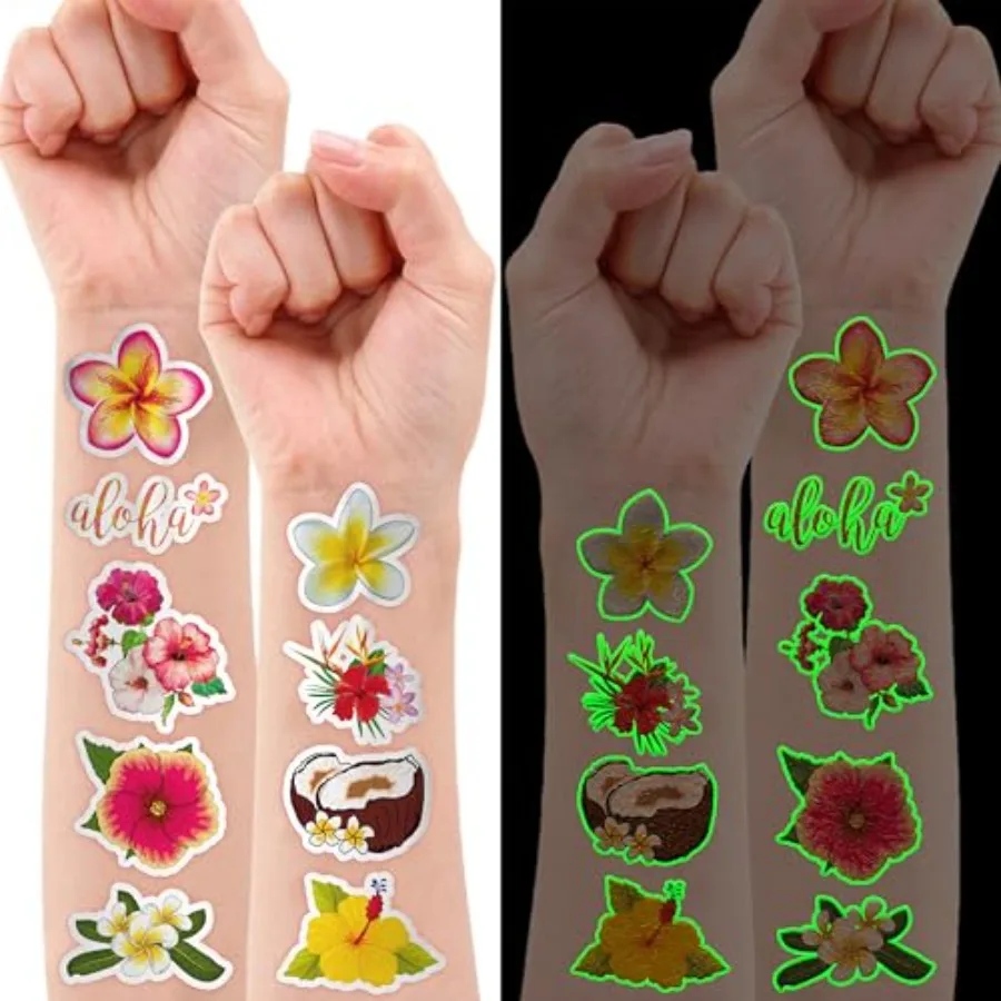 

96 PCS Tropical Flower Hawaiian Temporary Tattoos Tropical Luau Party Favors, For,Plumeria Hibiscus Stickers, Birthday Pool Bea