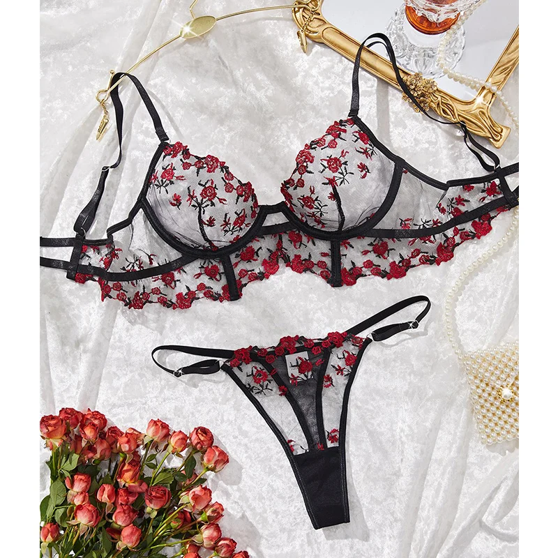 

Women Sexy Lingerie Sets Floral Embroidery Mesh Underwear Transparent Bra Sexy Adult Intimate Outfits Valentine Fancy Lingerie