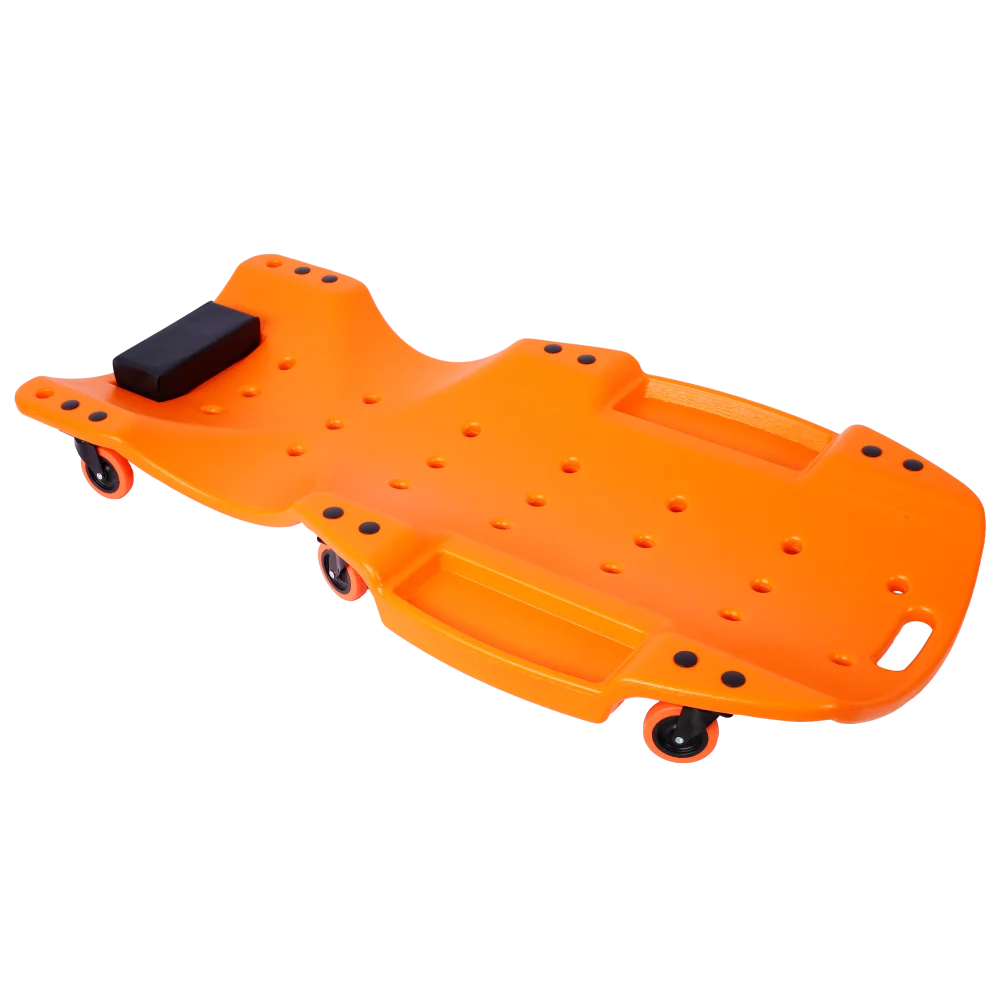 

Plastic Creeper 48 Inch - Blow Molded Ergonomic HDPE Body with Padded Headrest & Dual Tool Trays - 440 Lbs Capacity ORANGE