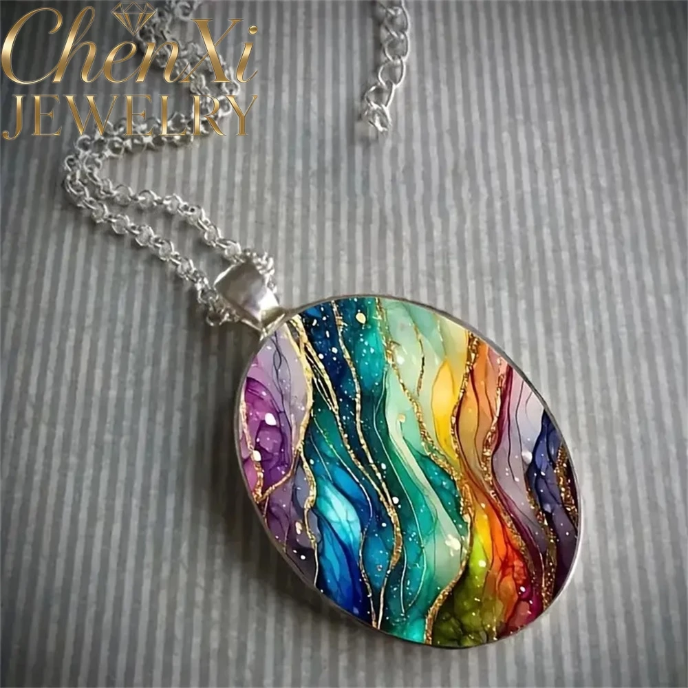 Retro Dreamy Ripple-Shaped Oval Glass Zinc Alloy Pendant Necklace Best Selling Popular Exquisite Gift Fashion Jewelry Simple