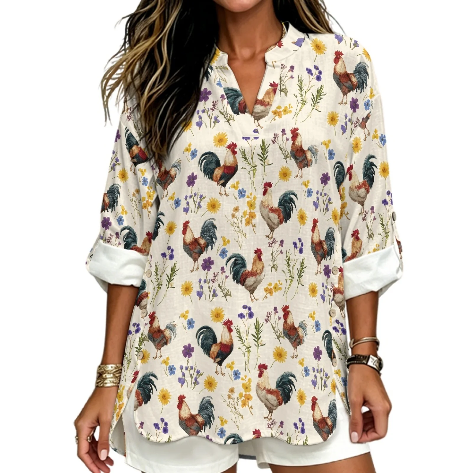 PENSTROLL Roosters Wildflowers Side Slit Hem Casual Blouses for Womens Linen Like Women's Long Sleeve Shirts Long Sleeve Tops