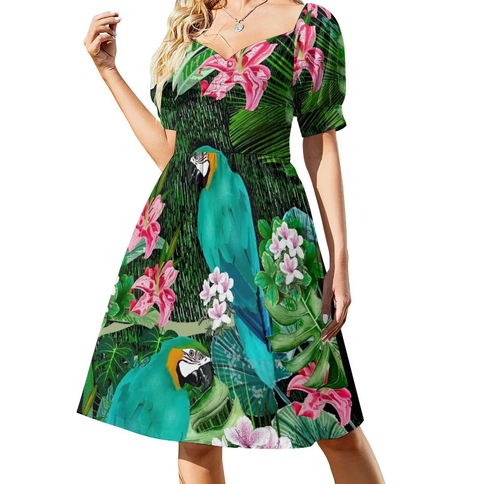 Tropical Bird Pattern Short Sleeved Dress women's summer dress 2025 dresses korean style Dress