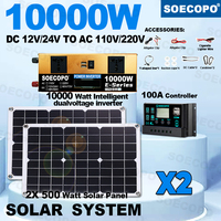 SOECOPO 10000W Complete For Home Camping Solar Kit 2x500W Panels 12V/24V To 110V/220V Two Outlets Inverter 100A Controller