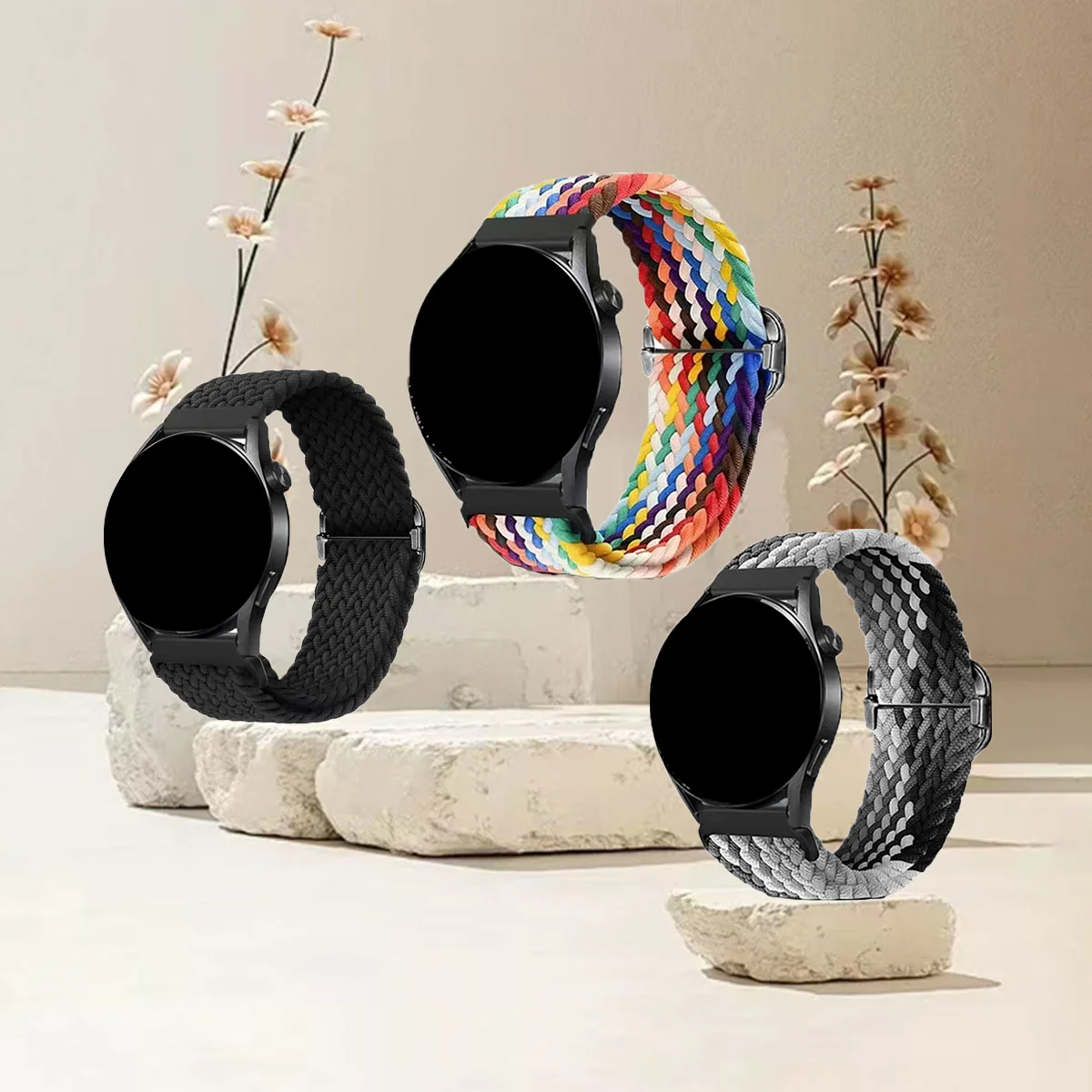 3 stks 18/20/22mm Gevlochten Lus voor Galaxy Horloge 7 6 5 4 3 Band Voor Huawei Horloge GT5 GT4/Garmin vivoactive 5/Amazfit Bip6