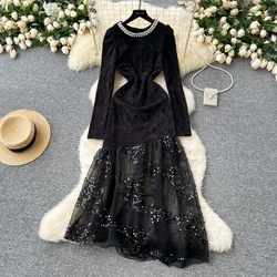 Basics O-neck Long Sleeve Elegant Rhinestone Chic Spliced Sequins Mesh Slim Dresses French Evening High Street Autumn Clothing