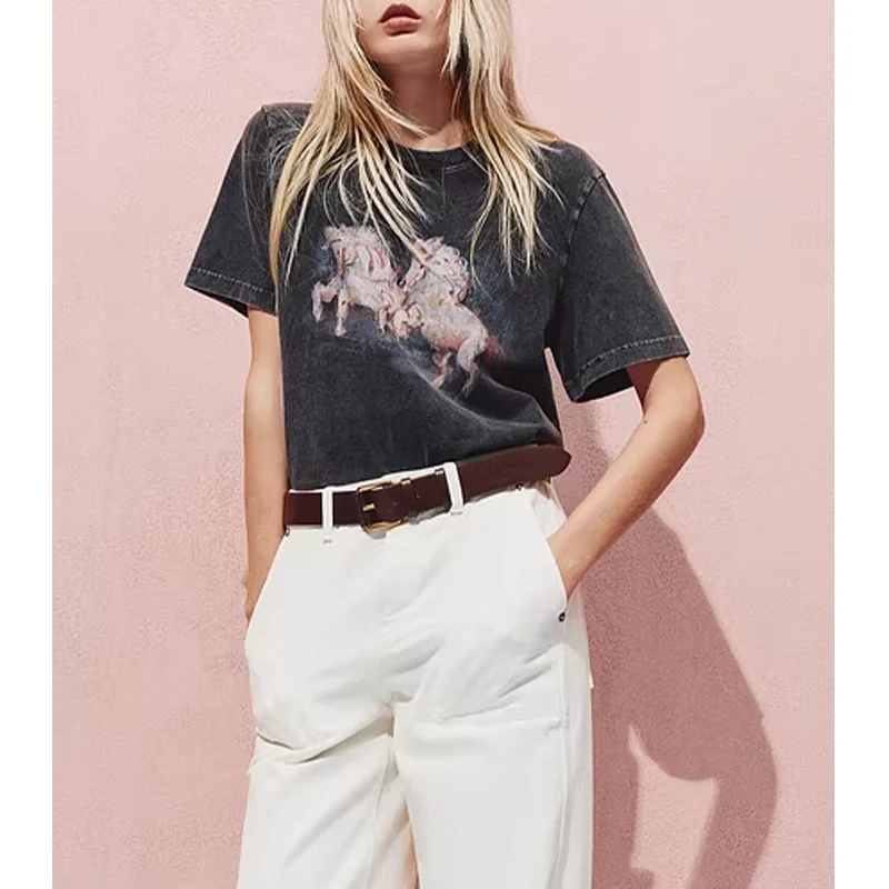 

Women's Short Sleeved T-shirt 2026 Summer New Zodiac Year Horse Series Painted Diamonds Washed Cotton Vintage Shirt Tops Tees