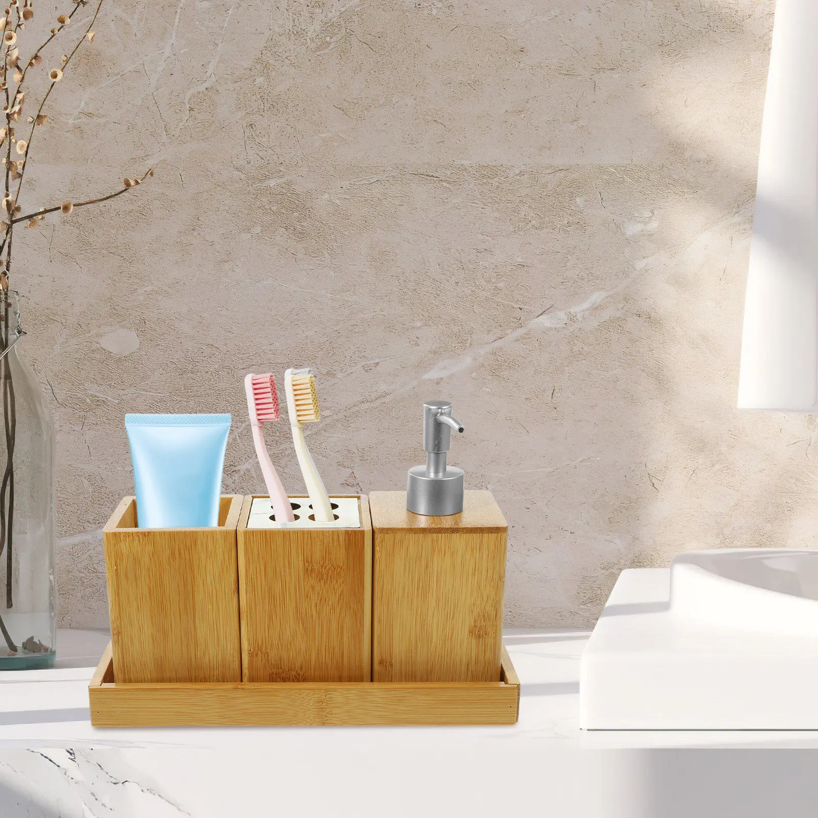 

1Set Compact Bamboo Bathroom Accessories Set Shower Dispenser Soap Bottle Pump Bottle Kitchen Bathroom Vanity Organizer