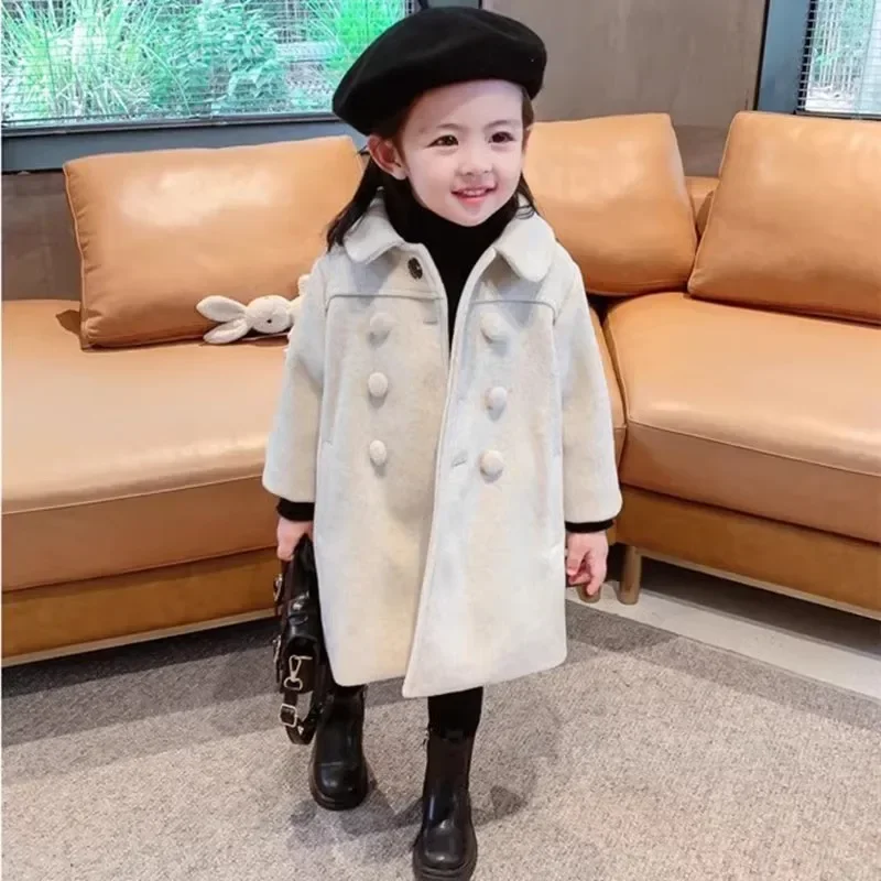 Children Medium Long Woolen Cotton Coat 2024 Winter Girl Baby Korean Thickened Warm Casual Jacket Turn Down Collar