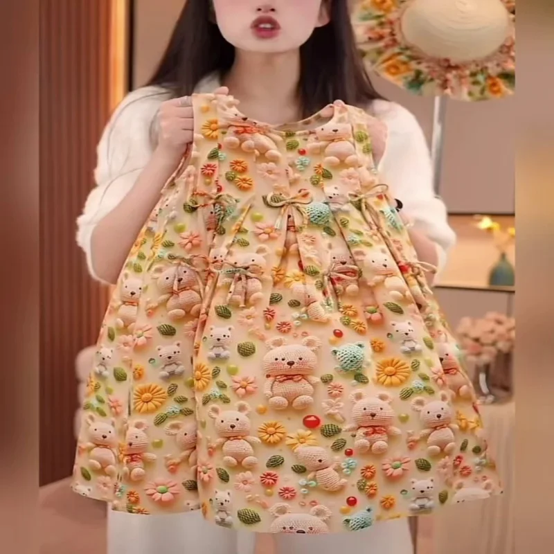 فستان صيفي للفتيات سترة مطبوعة ثلاثية الأبعاد فستان موضة جديدة للأطفال لعام 2025، مناسب للأعمار من 7 إلى 14 عامًا