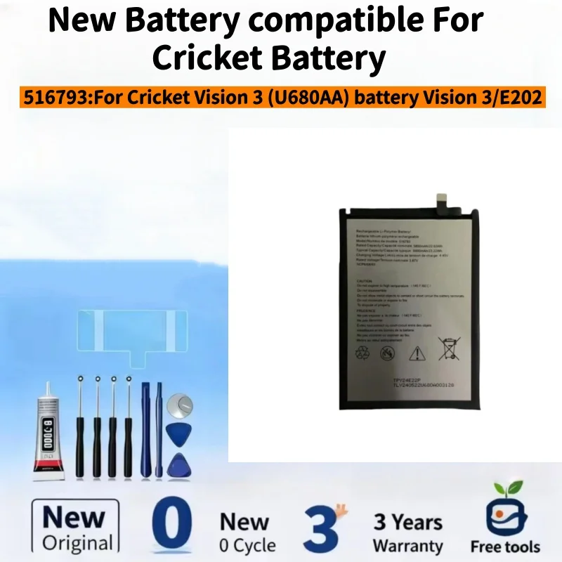 New Battery Compatible For Cricket Vision 3 (U680AA) battery Vision 3/E202 516793 Mobile Phone Batteries+ Free Tools
