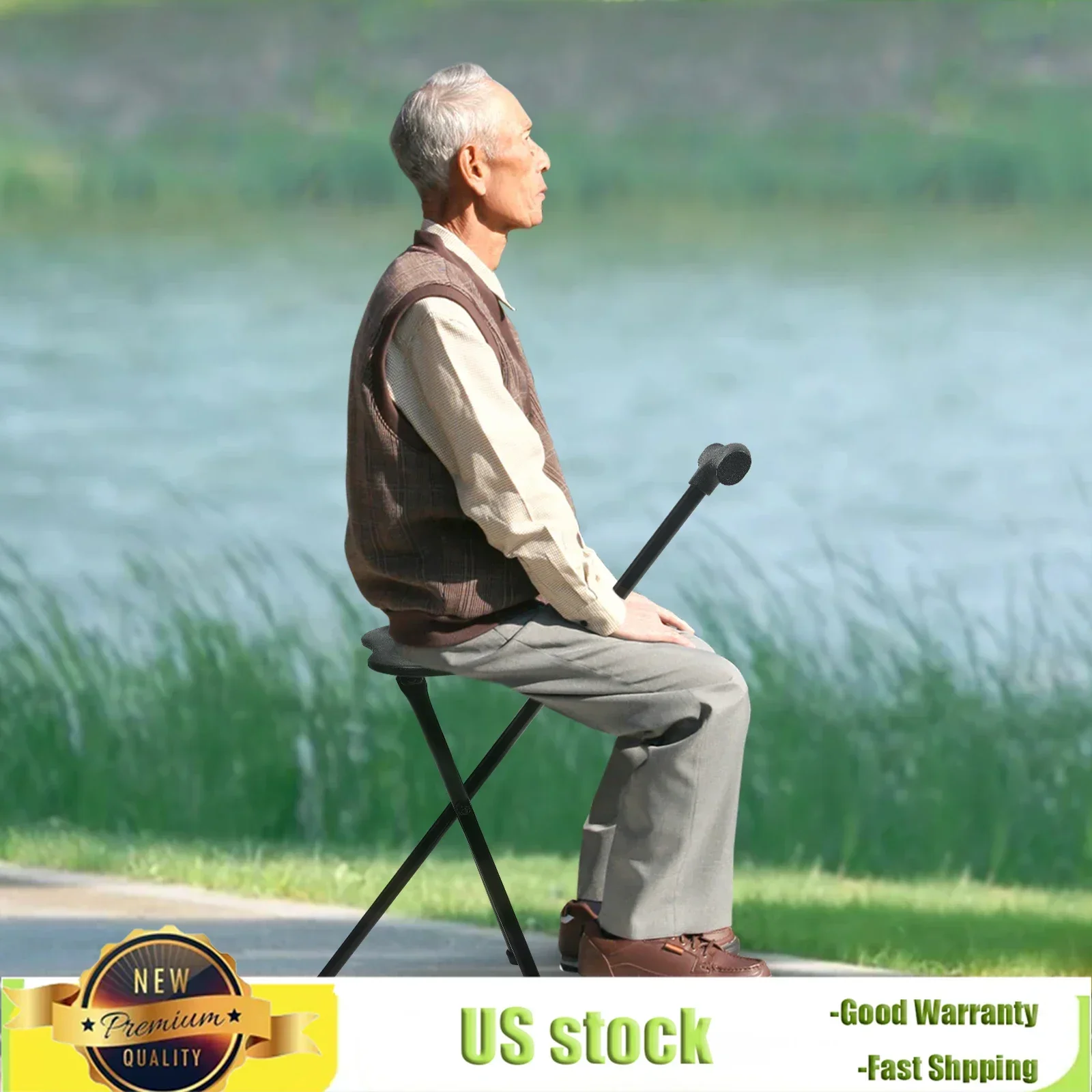 Multi-functional Foldable 3-Leg Cane Stool for Elderly, Portable Walking Aid w/ Tri-Leg Support, Lightweight Mobility Assistant