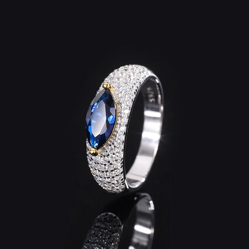 S925 Full body Silver Ring Colorful Treasure Advanced Texture Horse Eye 5 * 10 Diamond Ring Women's