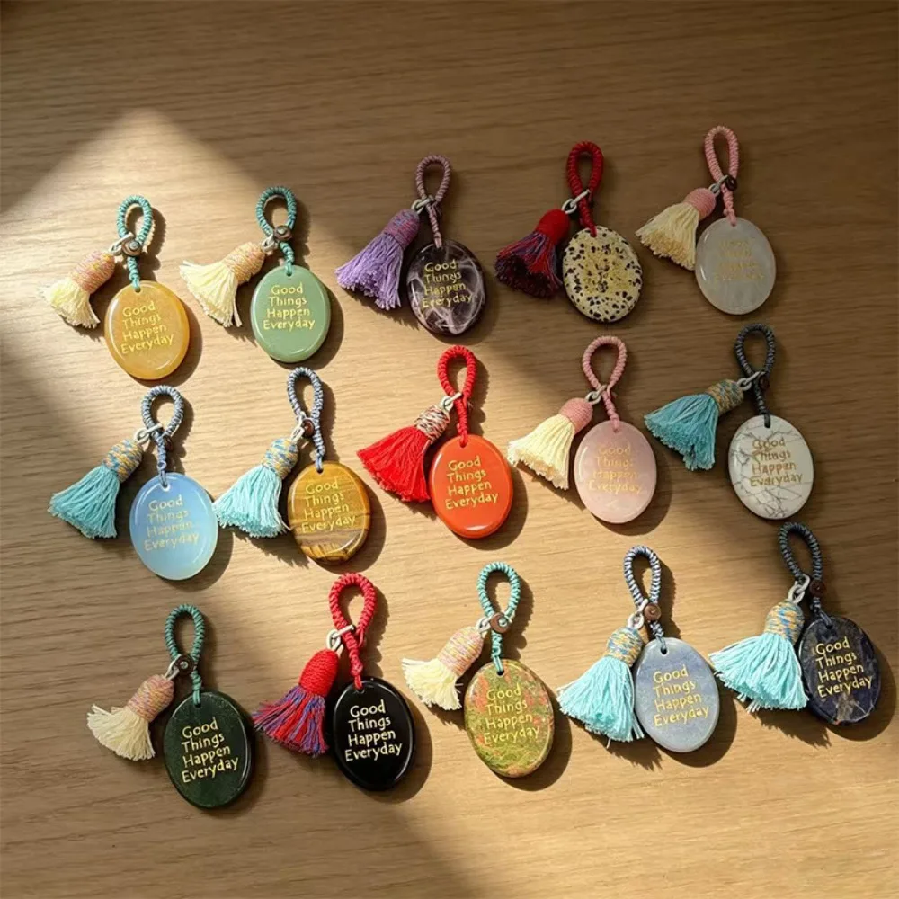 Good Things Happen Everyday Natural Crystal Thumb Worry Stone with Colorful Tassels Handbag Backpack Home Decor Hanging Ornament