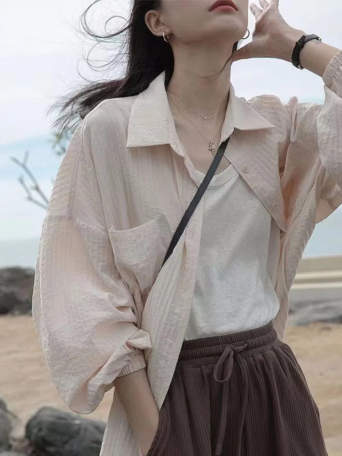 Cardigan ouvert de Protection solaire rose pour femmes, ample, Chic, coréen, Long, col irt, chemisier à bulles, nouvelle collection été