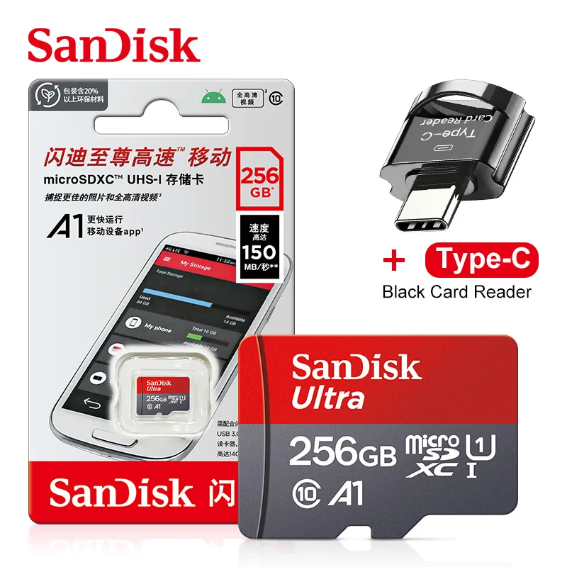 Original SanDisk A1 Speicherkarte 256 GB 128 GB 100 MB/S 64 GB 32 GB Micro-SD-Karte Klasse 10 UHS-1 Flash Microsd TF + Typ-C-Kartenleser 7