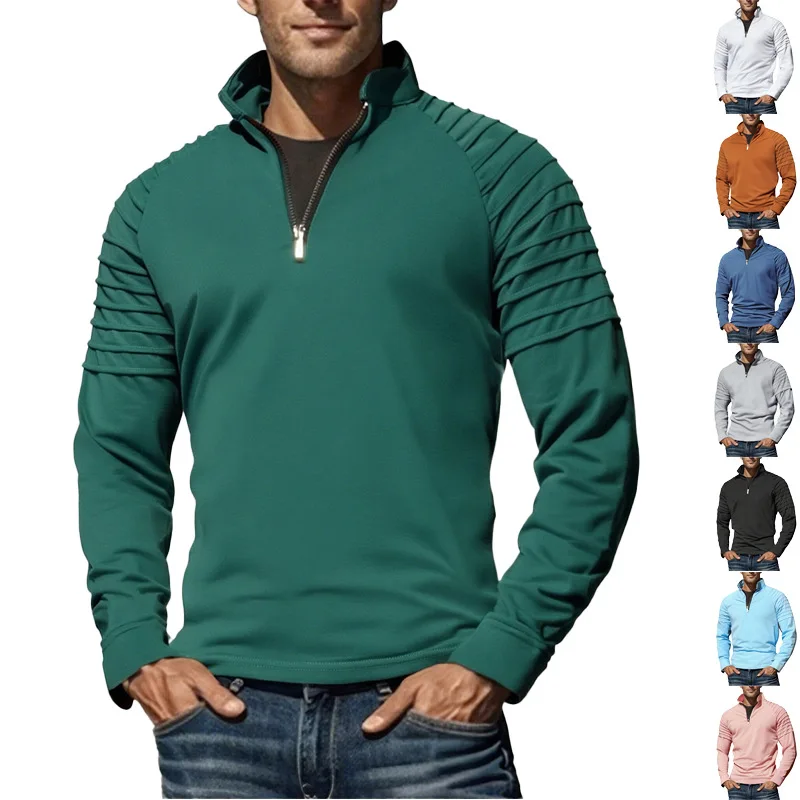 Autumn Men's Sports Fitness Long-sleeved T-shirt Solid Color Zipper Stand-up Neck Sweater
