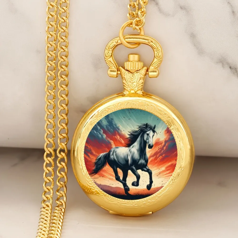 Exquisite Golden Running Horse Animal Pattern Quartz Pocket Watch With Necklace Chain Watch Best Gift For Women Men and Kids