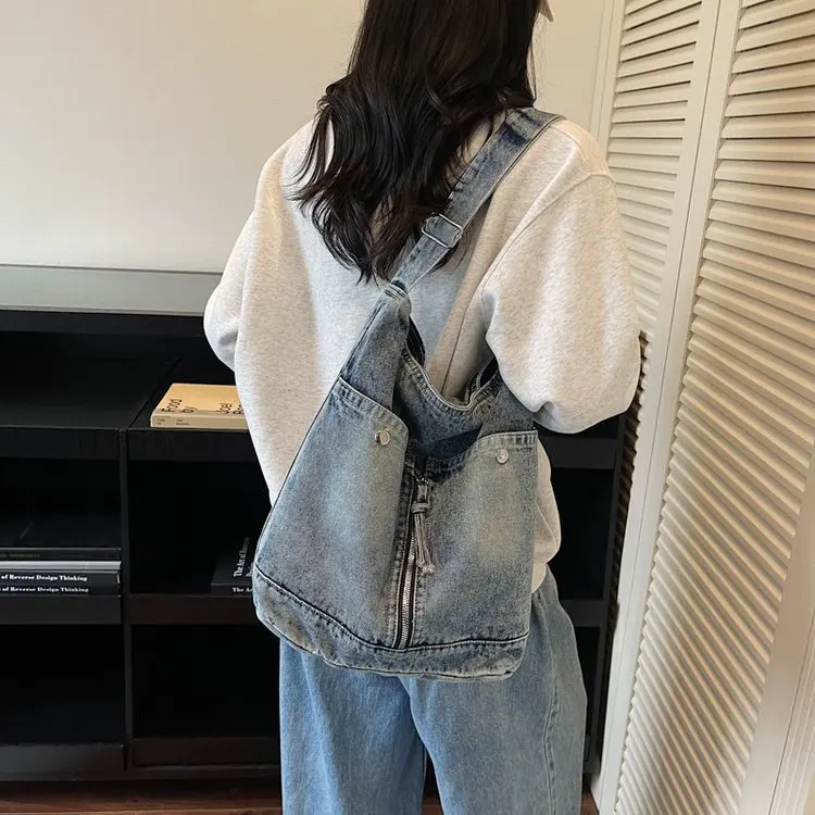 

Прочная джинсовая сумка, женская сумка-тоут, вместительная ретро-сумка через плечо для повседневного использования