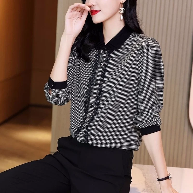 

mm large size to increase women's long-sleeved chiffon shirt 200 pounds loose slim shades aged turn down collar blouse