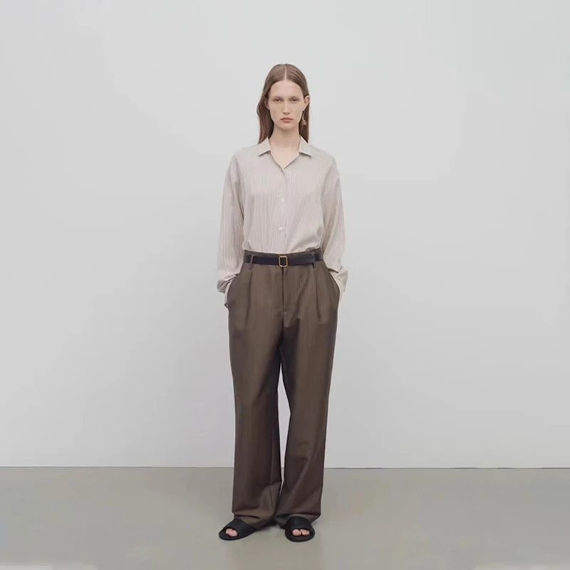 

R0W* 2024SS Top Wool Loose Necktie Casual Western Pant Women's Straight Jane Wide Legged Pants Brand Y2k Woman's Clothing