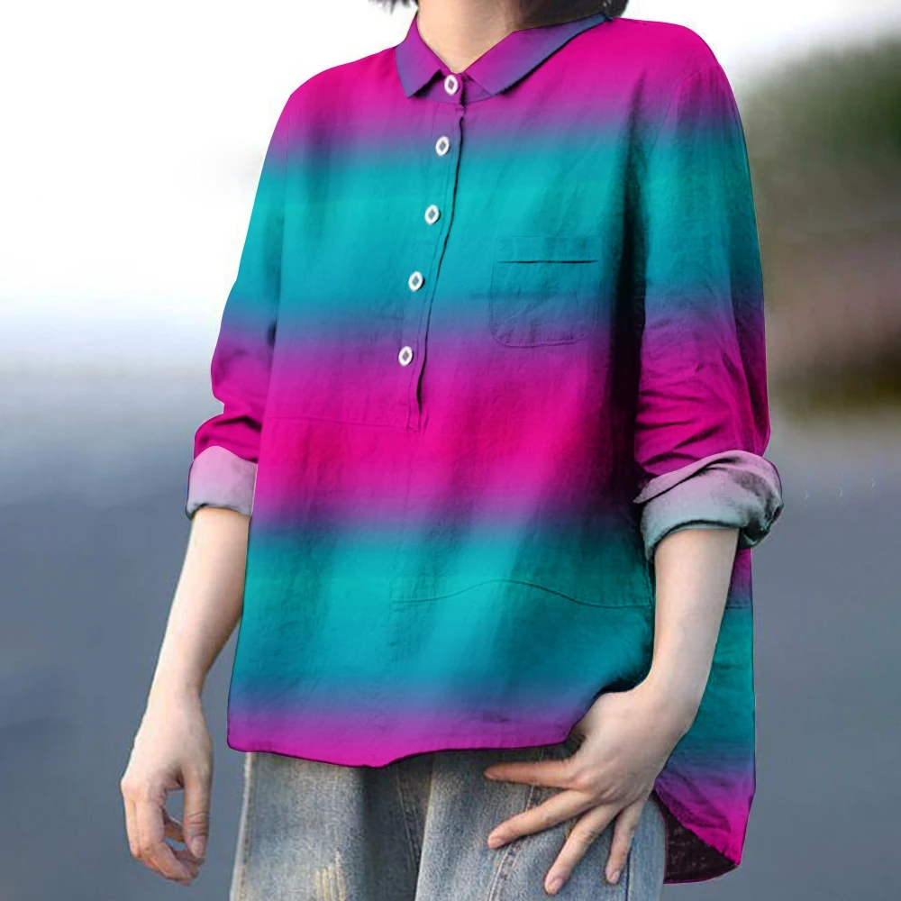 New Gradual Change Print Polo Shirt Women's Luxury Loose Versatile Top High Quality Casual Long Sleeve Street Wear