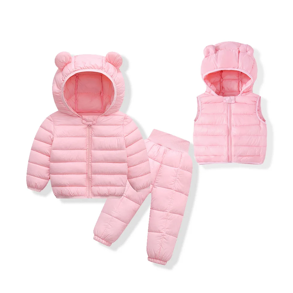 Autumn and winter children\'s lightweight cotton-padded suit boys and girls cotton-padded jacket+ trousers+ waistcoat 3-piece set