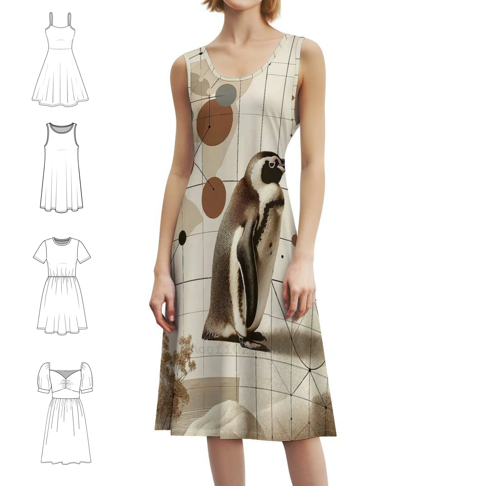 

Beige Taupe Penguin In Geometry Pattern And Nature Vintage Bohemian Dress Puff Sleeve Or Sleeveless Options For Women Dress