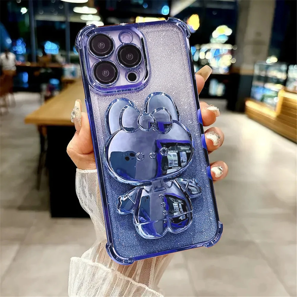 Противоударный блестящий чехол для телефона Motorola Moto G10 G20 G30 G84 G54 G82 5G G52 G71S, невидимый чехол-подставка с зеркалом для макияжа и кроликом