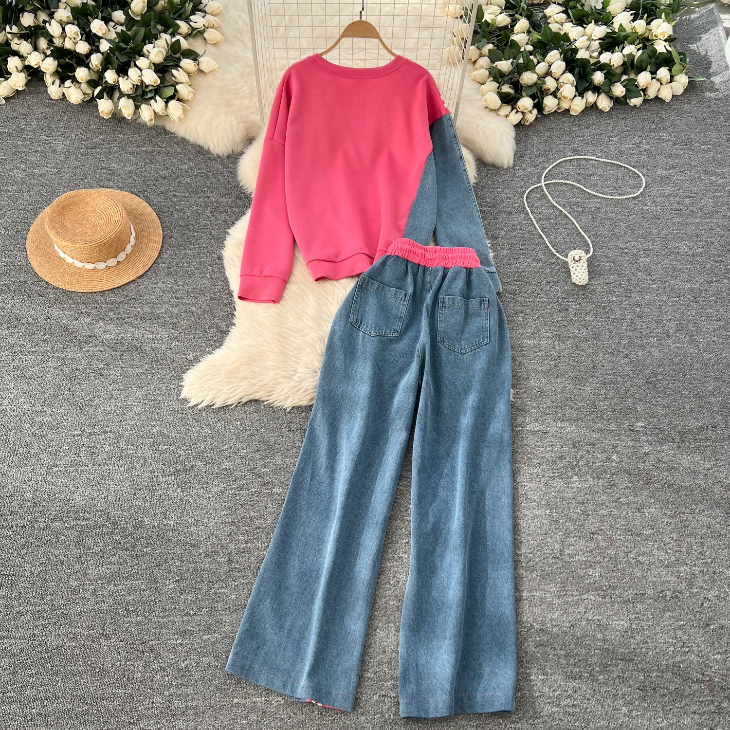 2024 Winter New Korean Casual Sports Suit for Women Loose O Neck Sweatshirt + High Waisted Denim Patchwork Pants Wholesale J596