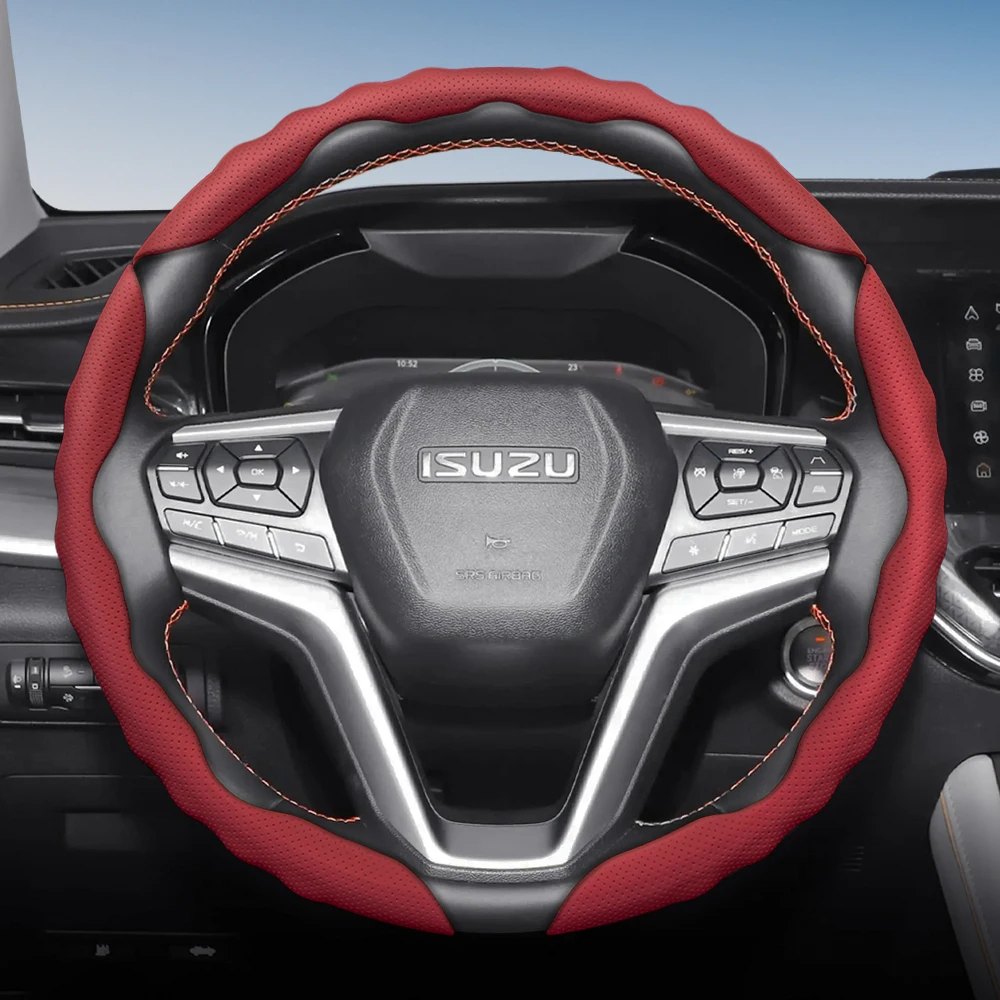 

Steering Wheel Cover with Wave-Shaped Sporty Design, Breathable Leather, Segmented, Non-Slip, Sweat-Absorbing Protective Cover Suitable for Isuzu D-Max Mux Npr F-Series Fx Elf Trooper Rodeo Gemini Ftr Fvr