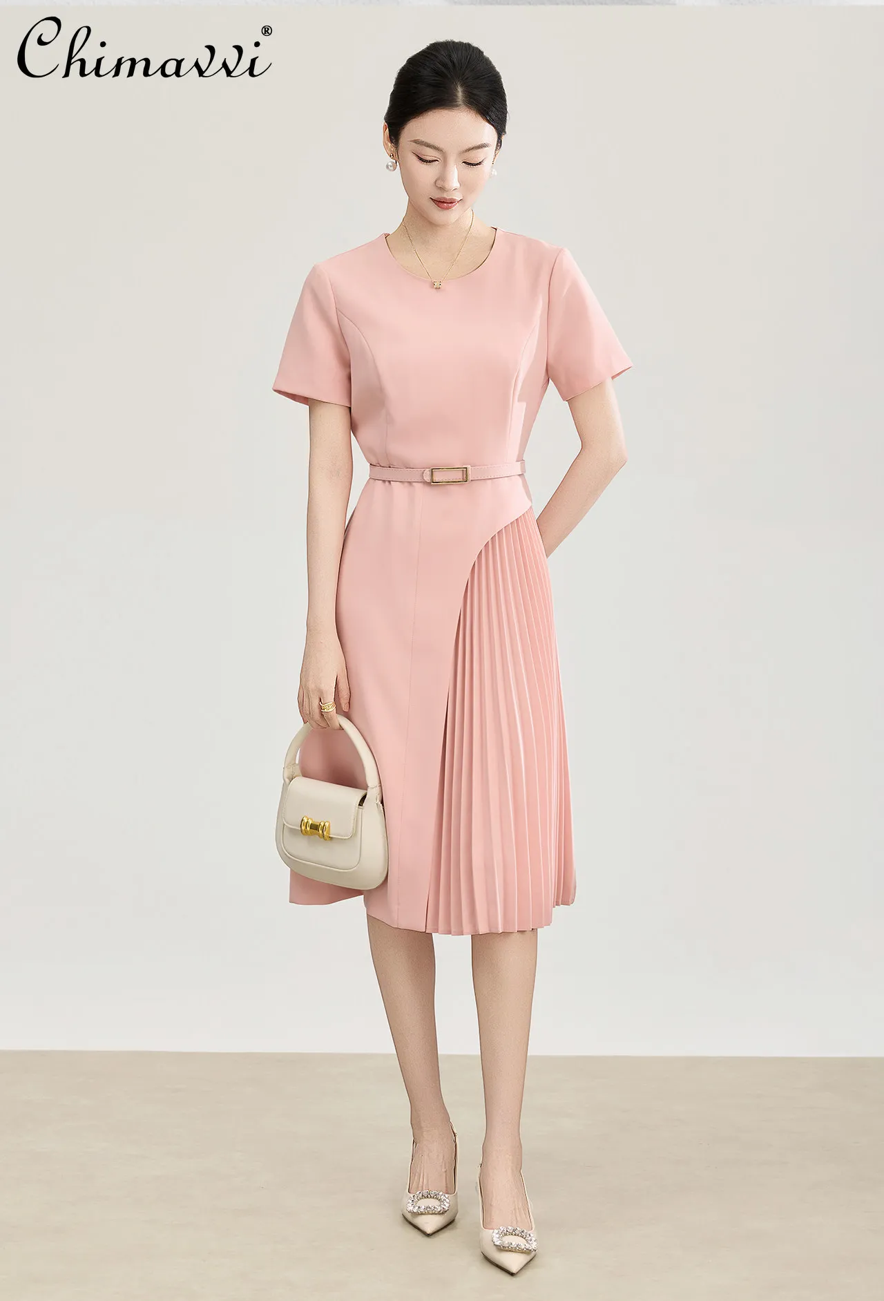

2026 Summer French Elegant Fashion Commuting Round Neck Short Sleeve High Waist Belted A-line Patchwork Pleated Dress for Women
