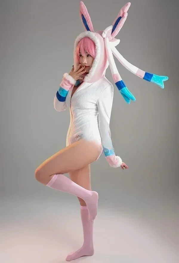 

2025 NEW Deep V Kawaii One Piece Romper with Choker and Socks Cosplay Costume Sexy Fluffy Hooded Bodysuit Carnival Suit