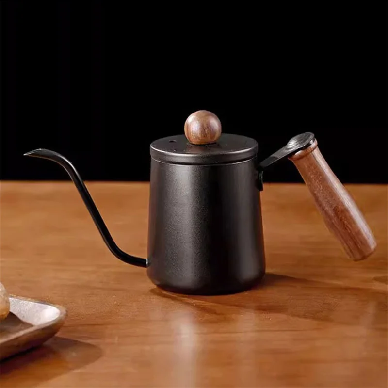 Drip Kettle 600ml Coffee Tea Pot Stainless Steel Non-stick Gooseneck Drip Kettle Wooden Handle Coffee Pot