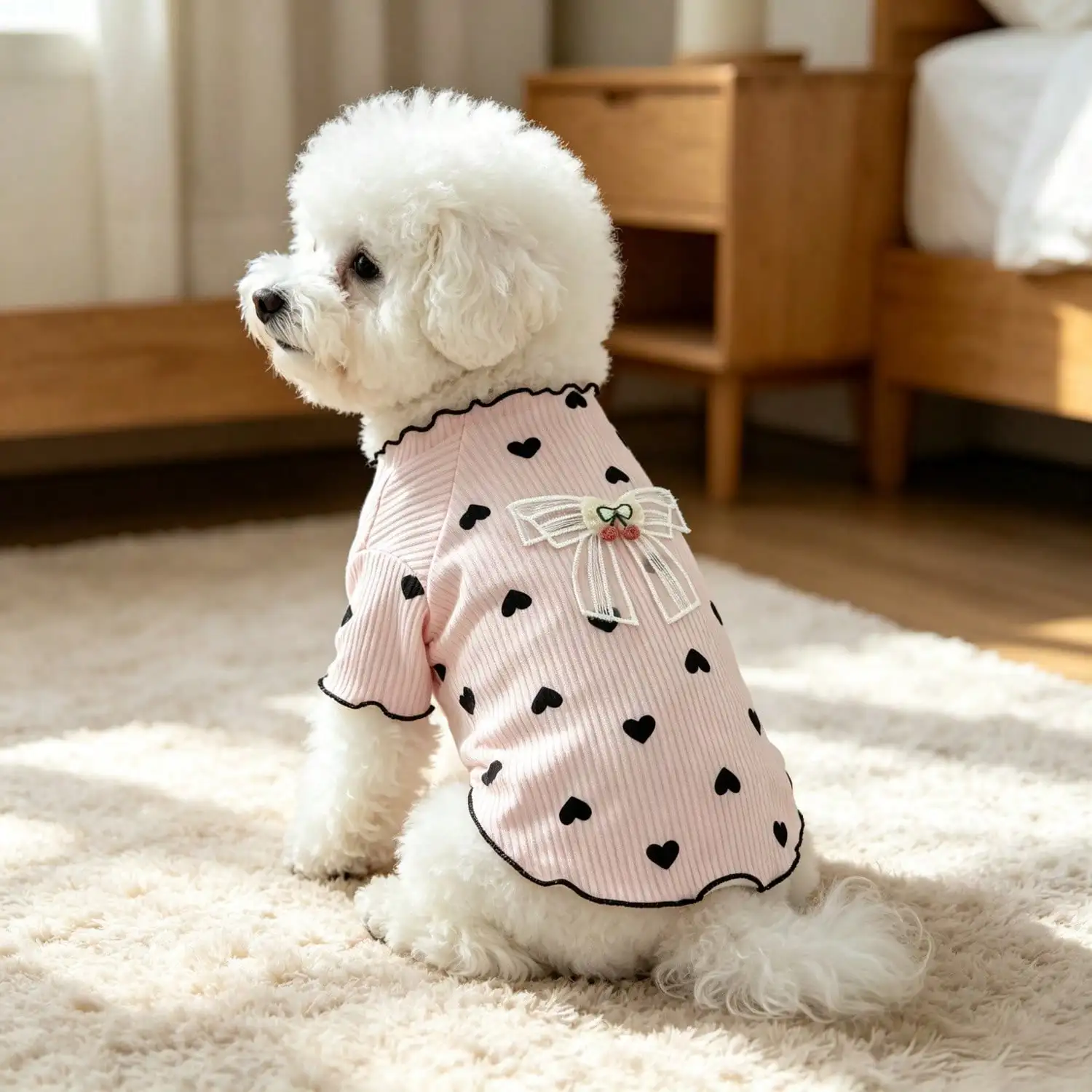 1 Stück Haustier-Hundetop mit Herz-Print, Rüschenbesatz, niedlicher Netzschleife und Kirschdekoration, Pullover-Shirt, weiche Strickkleidung – Detail 10