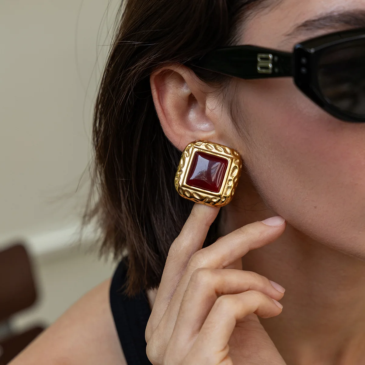 

Stainless Steel 18K Gold Delicate Agate Square Stud Earrings Geometric Prevent Allergy Trendy Fashion Daily Jewelry Gift