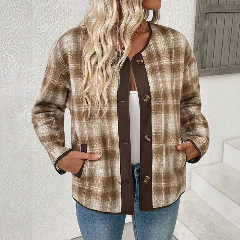 Women Jacket Cardigan Plaid Coat Women's Jackets Long Sleeve Cardigans Loose Fit Knit Cardigan Brown Cream Open Front Cardigan