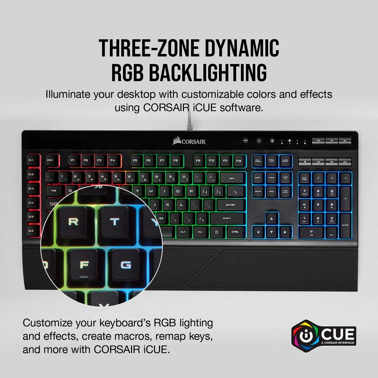 Corsair K55 RGB Membrane Gaming Keyboard (6 Programmable Macro Keys, 3-Zone RGB Backlighting Multimedia Controls Black pc klavye