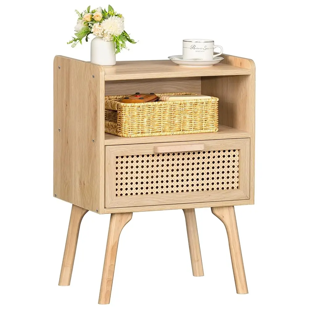 

Rattan Nightstand, Boho Side Table With Drawer Open Shelf, Cane Accent Bedside End Table With Solid Wood Legs For Bedroom, Dorm