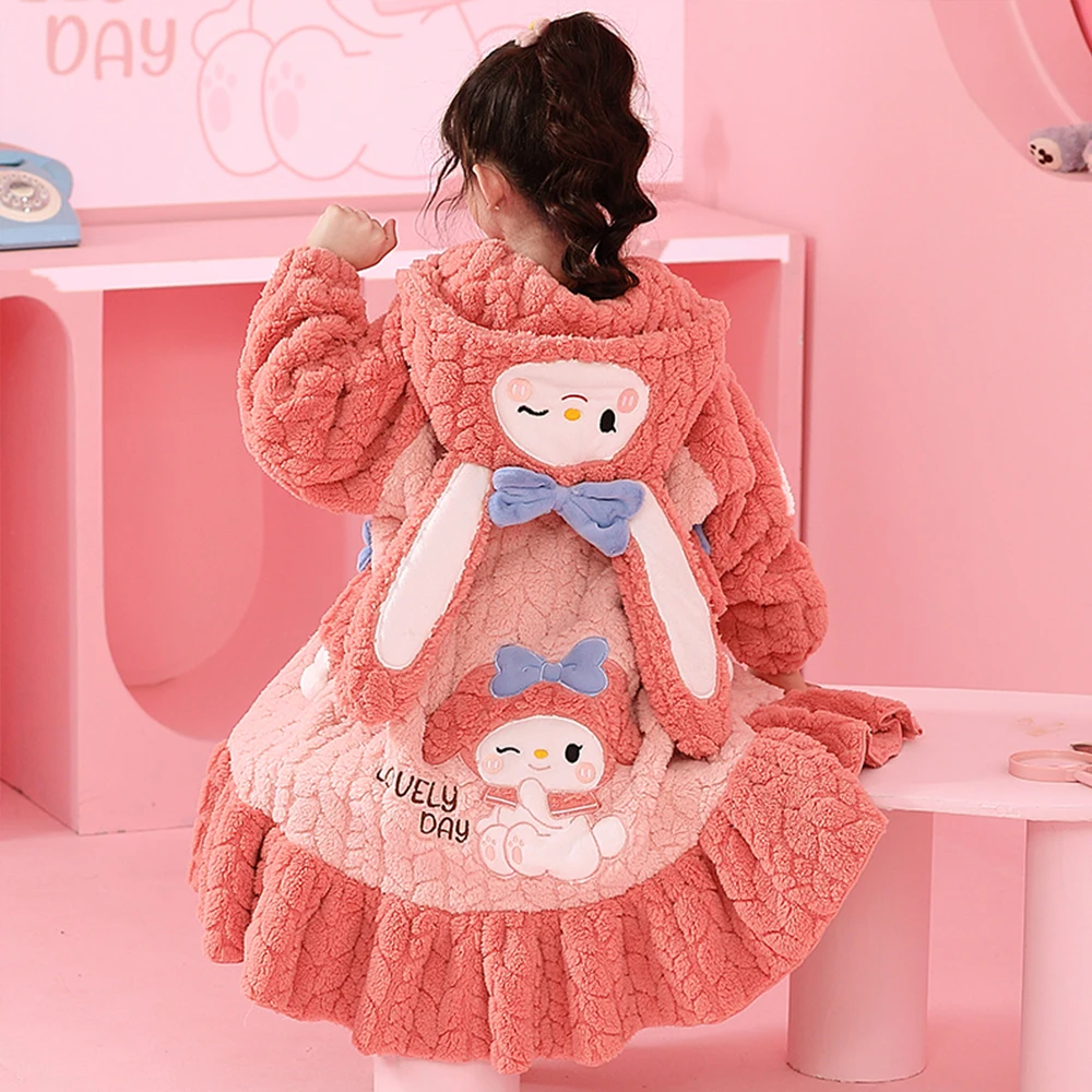 Winter Anime Sanrioed Cinnamoroll Kuromi Children\'s Pajamas Warm Robenight-Robe Cute Coral Velvet Thicken Warm Girl Boys Pajama