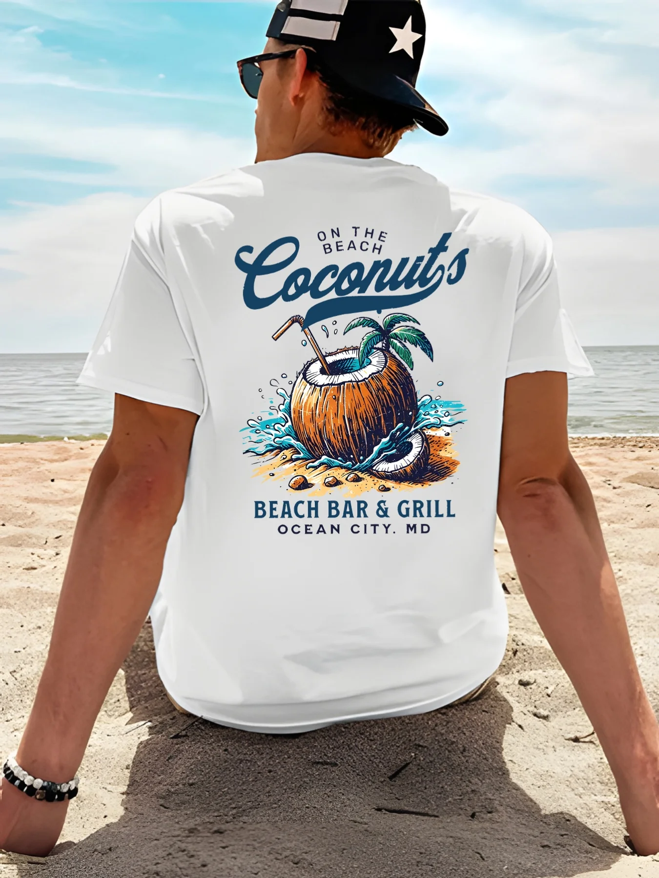 Vintage Coconut Cocktail Beach Wave Graphic T-shirt on The Beach Letter Print Unisex Soft Cotton Summer Seaside Casual Daily Top
