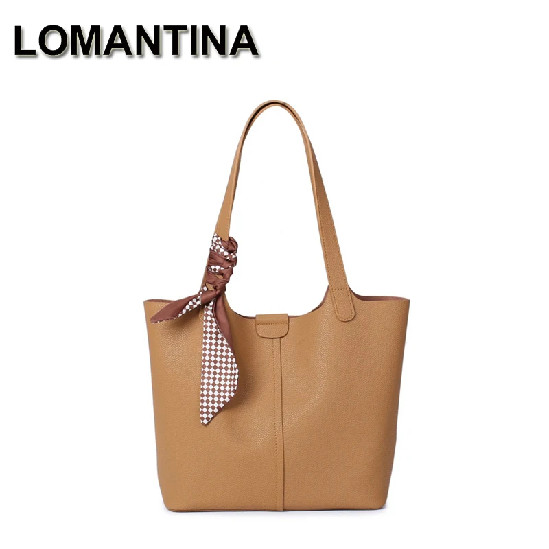 

LOMANTINA New Bucket Tote Fashion Trendy Korean Simple Style With Scarf Brand Designer Portable Shoulder Underarm Purses