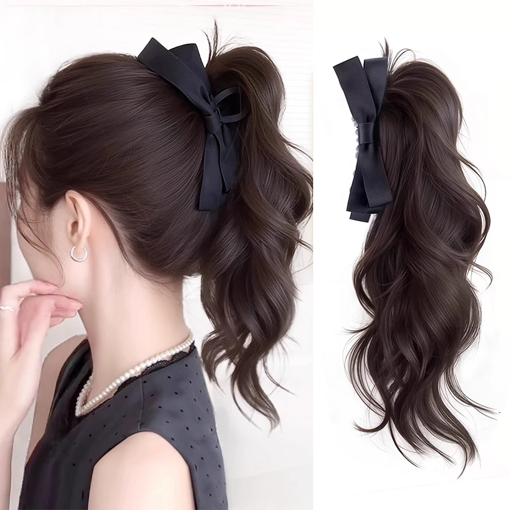 14inch Synthetic Claw Clip Ponytail Extension Curly Bow High Updo Hairpiece Fake Hair for Women Girls Daily Party Cosplay
