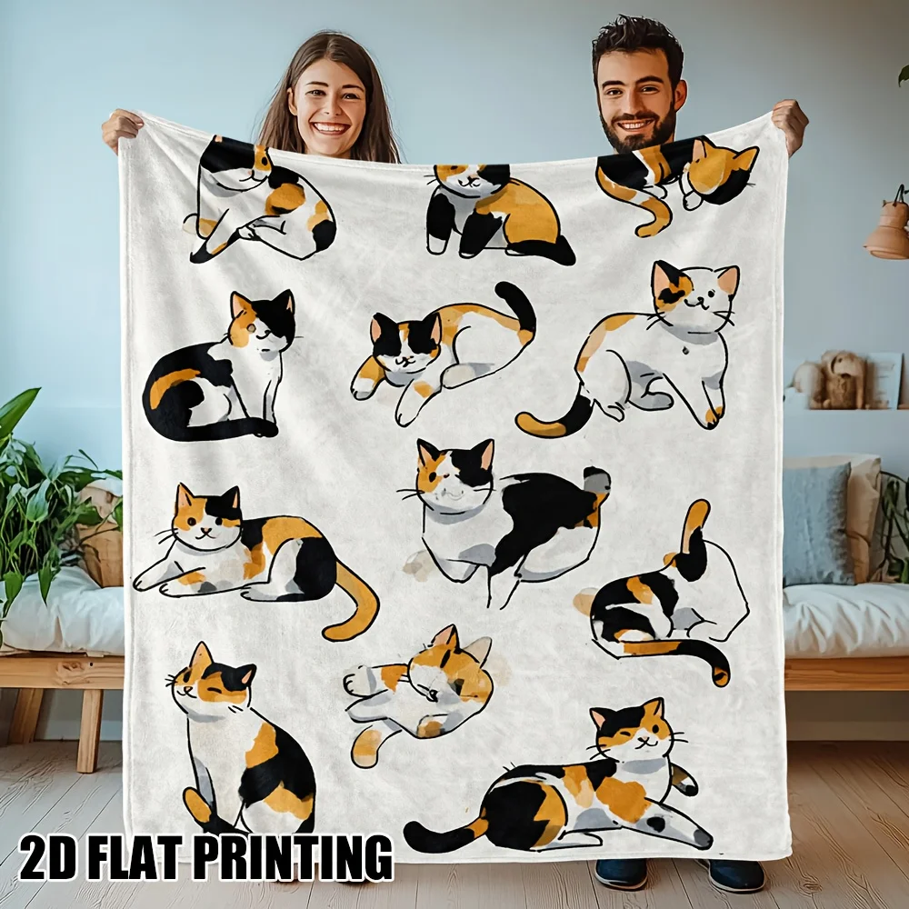 Flanelldecke mit Calico-Katzen-Aufdruck – ganzjährig weich, warm, maschinenwaschbar, Dekoration für Zuhause, Büro, Reisen
