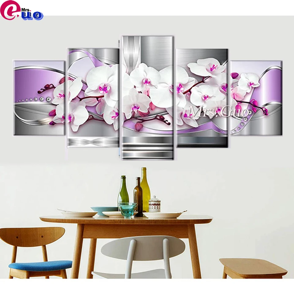 Full Diamond Painting 5 Pieces Abstract Purple Cross Stitch 5D Embroidery Mosaic Handicraft Orchid And Fantasy White Flower Art