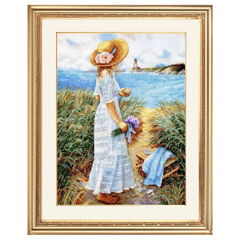 Fishxx Cross Stitch Kit Accurate Print E1196 Coastal Landscape Straw Hat Girls Bedroom Wall Painting